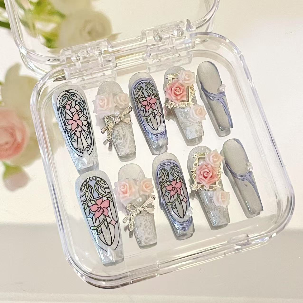 Press on Magic Nails Flower Window 10pcs Handmade Durable Shining Design