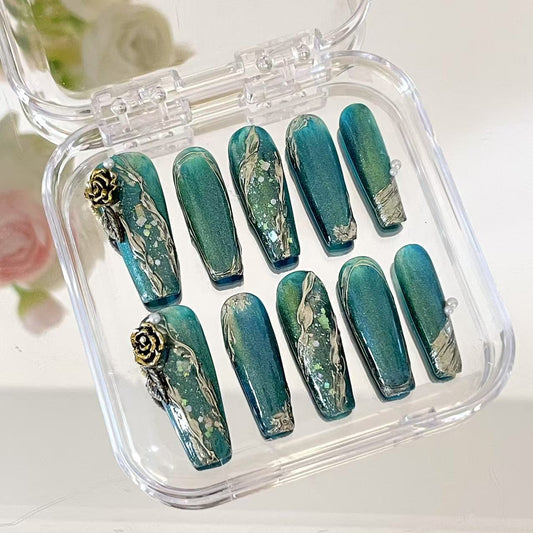 Press on Magic Nails Roses Precipitation 10pcs Handmade Durable Shining Design