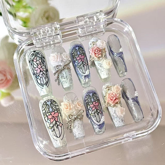 Press on Magic Nails Flower Window 10pcs Handmade Durable Shining Design