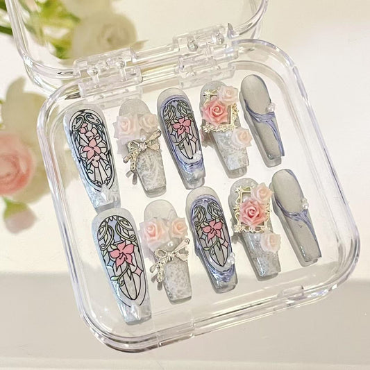 Press on Magic Nails Flower Window 10pcs Handmade Durable Shining Design