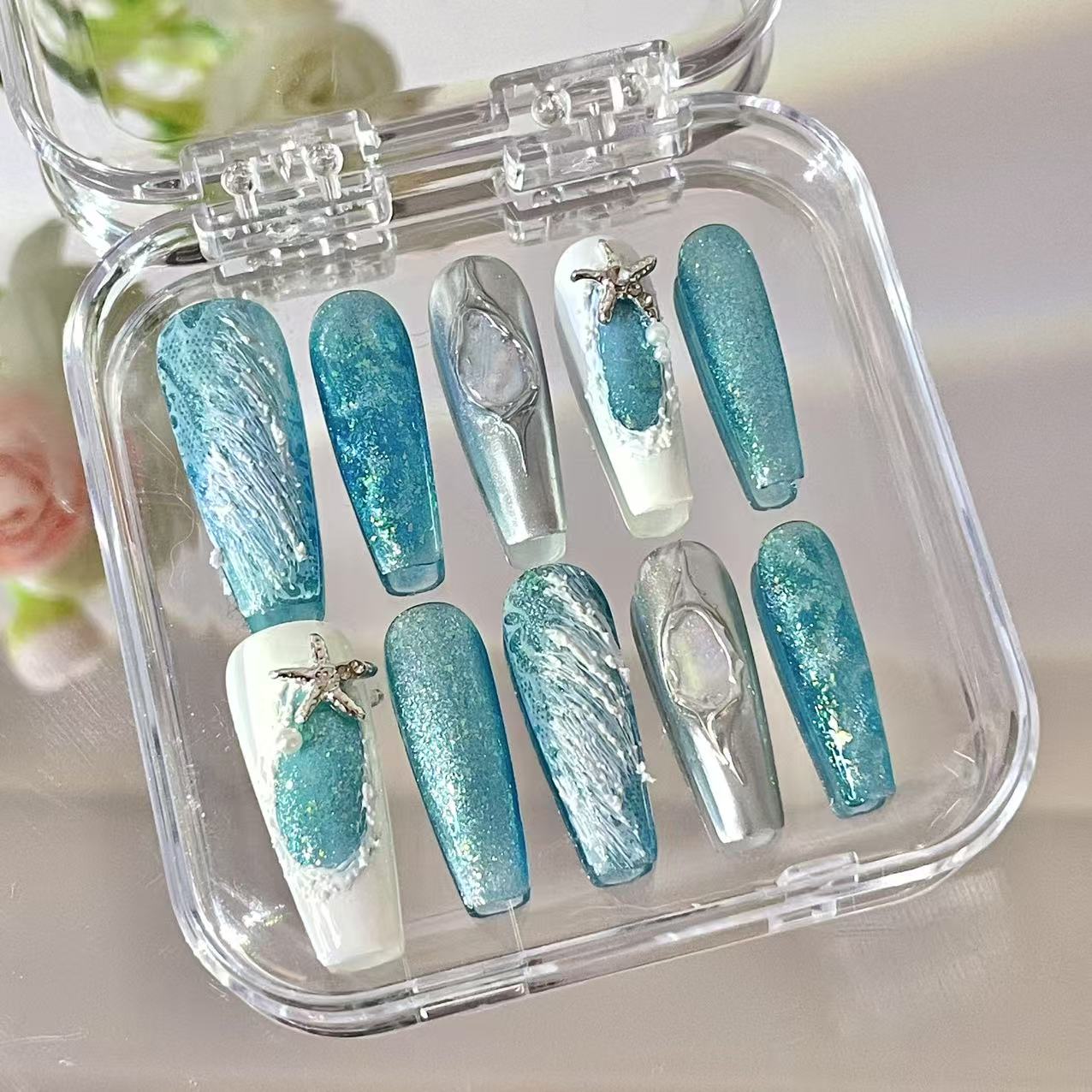 Press on Magic Nails Colorful Ocean 10pcs Handmade Durable Shining Design