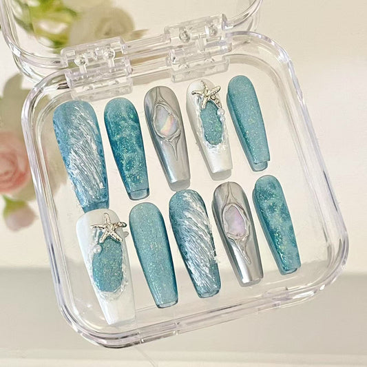 Press on Magic Nails Colorful Ocean 10pcs Handmade Durable Shining Design