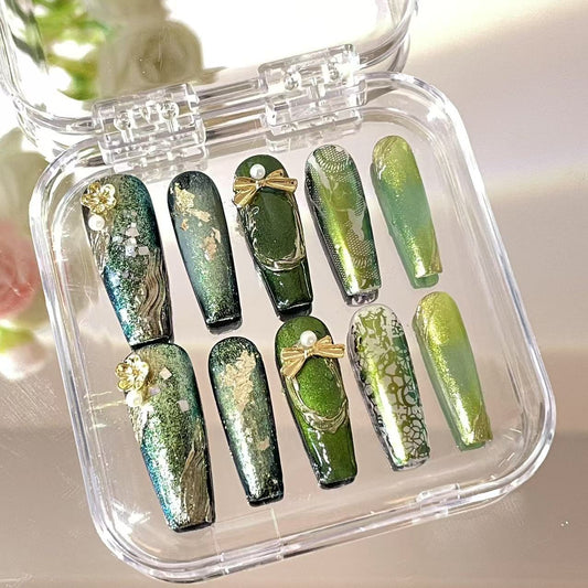 Press on Magic Nails Green Olives 10pcs Handmade Durable Shining Design