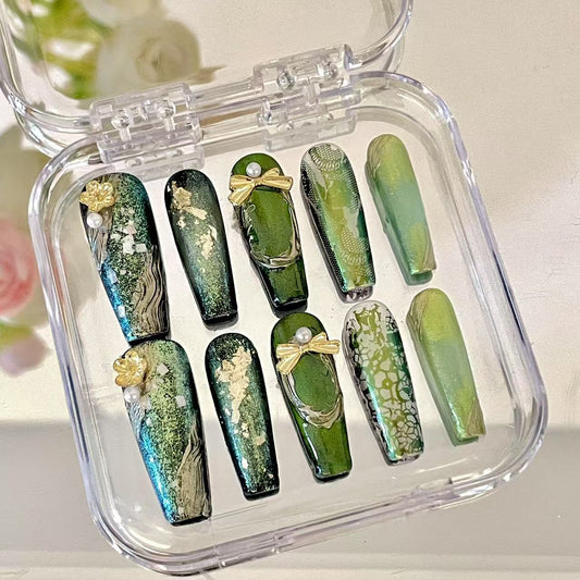 Press on Magic Nails Green Olives 10pcs Handmade Durable Shining Design